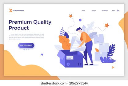 Landing page template with person unpacking parcel and taking jewel or diamond out of it. Concept of premium quality product, luxury good, vip bonus. Modern flat vector illustration for webpage.