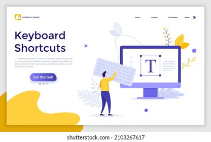 Landing page template with person using keypad connected to computer. Concept of keyboard shortcuts for text editor program, electronic device for typing. Modern flat vector illustration for website.