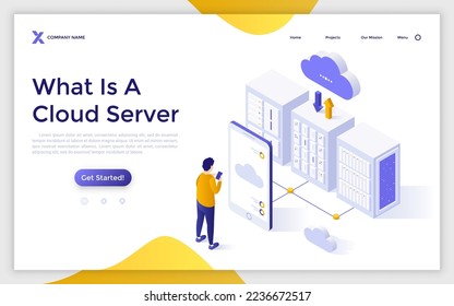 Landing page template with person using smartphone connected to server racks. Concept of mobile application for cloud storage service to download or upload files. Modern isometric vector illustration.