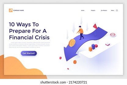 Landing page template with person walking along arrow road leading to chasm. Concept of way to prepare to financial or economic crisis, business fail. Modern isometric vector illustration for webpage.