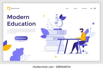 Landing page template with person working on laptop or student preparing for exam, books and microscope. Concept of modern education, scientific research, academic knowledge. Flat vector illustration.