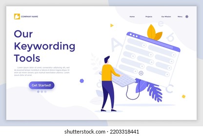 Landing page template with person working on keyboard connected to window with words or tags. Concept of online keywording tool, service for microstock images. Flat vector illustration for website.