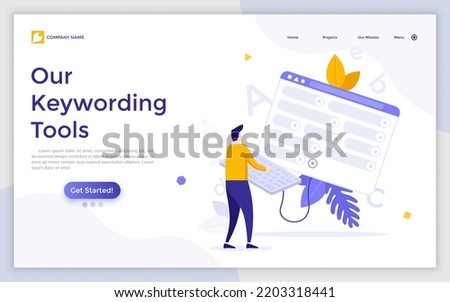 Landing page template with person working on keyboard connected to window with words or tags. Concept of online keywording tool, service for microstock images. Flat vector illustration for website.