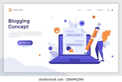 Landing page template with person writing on paper sheet on computer screen or blogger creating new post or social media. Concept of internet blogging. Modern flat vector illustration for website.