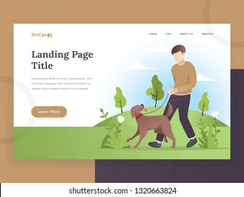 Landing Page Template Of Pet Care. Modern Flat Design Concept Of Web Page Design For Pet Care, Pet Store Website. Illustration Of A Man Walking With A Dog. Young Man With His Dog. Pet Vector Character