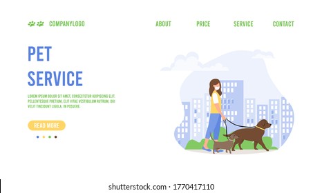 Landing page template of pet care. Pet care concept. Web page design for website. Dog walking service during the COVID-19 pandemic. A young woman in a mask is walking dogs in a park.