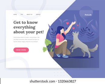 Landing page template of Pet life. Modern flat design concept of web page design for Pet stores, pet consults website. Illustration of a woman playing with a dog. Young woman with her dog. Pet vector