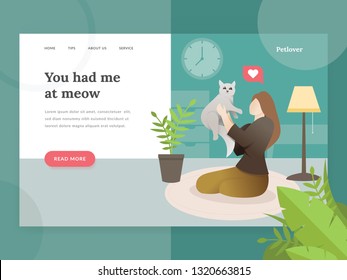 Landing page template of Pet lovers. Modern flat design concept of web page design for pet store website. Illustration of a Woman holding a cat. Young woman with her cat. Vector character