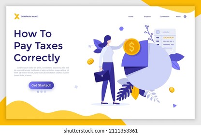 Landing Page Template mit Pie Chart und Unternehmer halten Briefkasten und Münze. Konzept der korrekten Berechnung der Körperschaftsteuer. Moderne, flache, bunte Vektorgrafik für Webseiten.