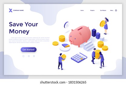 Landing page template with piggy bank, people carrying dollar coins, calculator. Concept of bank deposit account for money saving and investment. Modern isometric vector illustration for webpage.