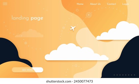 Plantilla de la página de aterrizaje con plano y nubes y Elementos geométricos sobre un fondo de degradado amarillo para el diseño de Sitios web. Ilustración vectorial