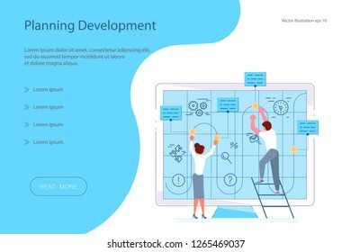 Landing page template of Planning development of ideas in flat design. Team of young businessmen draws business strategy. Vector illustration eps 10