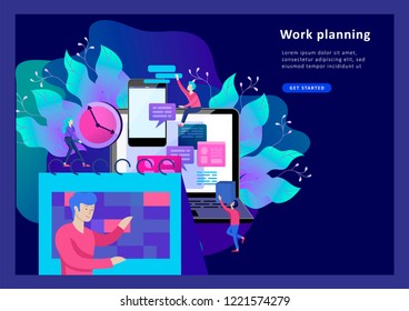 Landing page template of planning timework management people. Businnes Start Up Concept. Income and Success. Workers are studying the infographic, the analysis of evolutionary scale. Vector Business