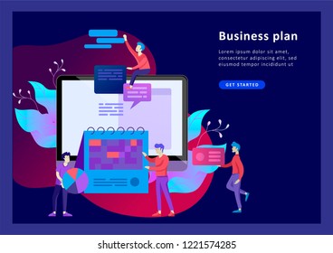 Landing page template of planning timework management people. Businnes Start Up Concept. Income and Success. Workers are studying the infographic, the analysis of evolutionary scale. Vector Business