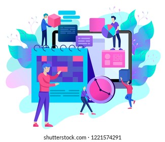Landing page template of planning timework management people. Businnes Start Up Concept. Income and Success. Workers are studying the infographic, the analysis of evolutionary scale. Vector Business