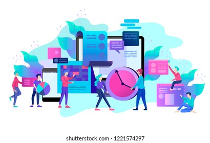 Landing page template of planning timework management people. Businnes Start Up Concept. Income and Success. Workers are studying the infographic, the analysis of evolutionary scale. Vector Business