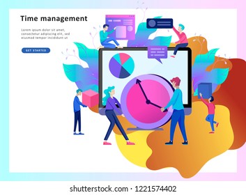 Landing page template of planning timework management people. Businnes Start Up Concept. Income and Success. Workers are studying the infographic, the analysis of evolutionary scale. Vector Business