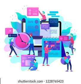 Landing page template of planning timework management people. Businnes Start Up Concept. Income and Success. Workers are studying the infographic, the analysis of evolutionary scale. Vector Business