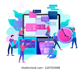 Landing page template of planning timework management people. Businnes Start Up Concept. Income and Success. Workers are studying the infographic, the analysis of evolutionary scale. Vector Business