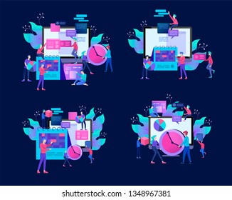 Landing page template of planning timework management people. Businnes Start Up Concept. Income and Success. Workers are studying the infographic, the analysis of evolutionary scale. Vector Business