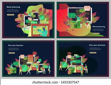 Landing page template of planning timework management people. Businnes Start Up Concept. Income and Success. Workers are studying the infographic, the analysis of evolutionary scale. Vector Business