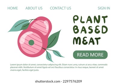 Landing Page Template mit Pflanzenfleisch, veganisches Steak. Gesunde vegetarische Zutaten, handgeschriebene Typografie. Webbanner, Poster mit Kopienraum. Vektorgrafik