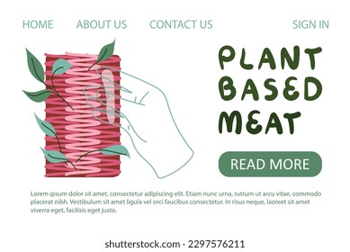 Landing page template with plant based meat, vegan mince. Healthy vegetarian ingredient, handwritten typography. Web banner, poster with copy space. Vector illustration