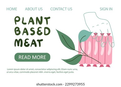 Landing page template with plant based meat, vegan sausages. Healthy vegetarian ingredient, handwritten header. Web banner, poster with copy space. Vector illustration