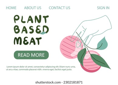 Landing Page Template mit pflanzlichem Fleisch, veganischem Hamburger, Cutlets. Grüne Blätter, handgeschriebene Typografie. Webbanner, Poster mit Kopienraum. Vektorgrafik