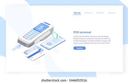 Landing page template with point of sale, electronic terminal or reader and credit cards. Contactless payment system or technology. Modern vector illustration for banking service advertisement.