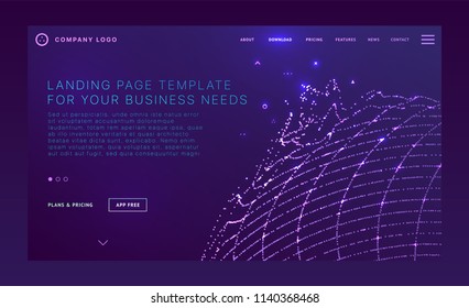 Landing page template with polygonal wireframe surface structure and geometric patterns for business website design. Eps10 vector illustration