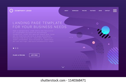 Landing page template with polygonal wireframe surface structure and geometric patterns for business website design. Eps10 vector illustration