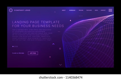 Landing page template with polygonal wireframe surface structure and geometric patterns for business website design. Eps10 vector illustration