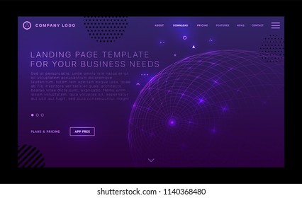 Landing page template with polygonal wireframe surface structure and geometric patterns for business website design. Eps10 vector illustration