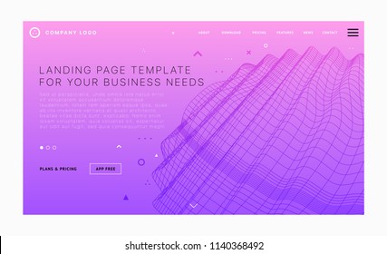 Landing page template with polygonal wireframe surface structure and geometric patterns for business website design. Eps10 vector illustration