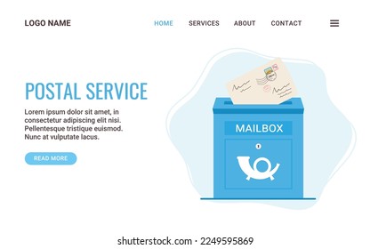 Landing page template postal service. Blue mailbox with a letter. Letter mail delivery or storing concept. Vector flat illustration