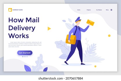 Landing Page Template With Postman, Mailman Or Postal Carrier In Uniform Carrying Messenger Bag And Letter In Envelope. Concept Of Express Mail Delivery Service. Modern Flat Vector Illustration.