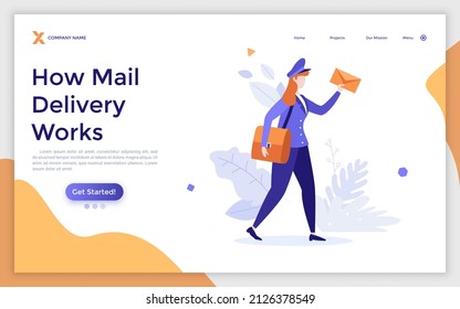 Landing Page Template With Postwoman, Mailman Or Postal Carrier In Uniform Carrying Messenger Bag And Letter In Envelope. Concept Of Express Mail Delivery Service. Modern Flat Vector Illustration.