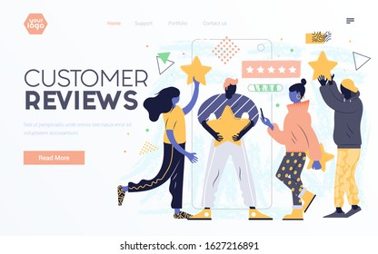 Landing page template or presentation template of Customer Review. Young man and woman working together on project. Modern flat design business concept. Easy to edit and customize. Vector illustration