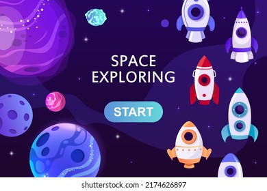  Landing page template. Presentation design. Space, planets and rocket. Website template. Vector modern illustration. Isolated. EPS 10