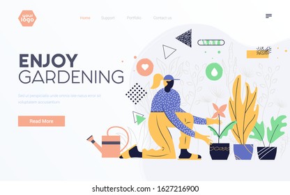 Landing page template or presentation template of Enjoy Gardening. Young woman with plants. Modern flat design business concept. Easy to edit and customize. Vector illustration