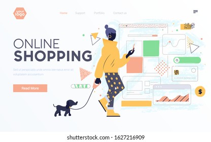 Landing page template or presentation template of Online Shopping. Young woman with mobile phone. Modern flat design business concept. Easy to edit and customize. Vector illustration