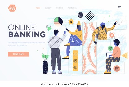 Landing page template or presentation template of Online Banking. Young people working together. Modern flat design business concept. Easy to edit and customize. Vector illustration