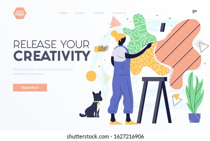 Landing page template or presentation template of Release your Creativity. Young woman painting. Modern flat design business concept. Easy to edit and customize. Vector illustration