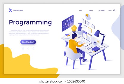 Landing page template with programmer or coder working at laptop computer. Concept of programming project, front-end and back-end coding, software development. Modern isometric vector illustration.