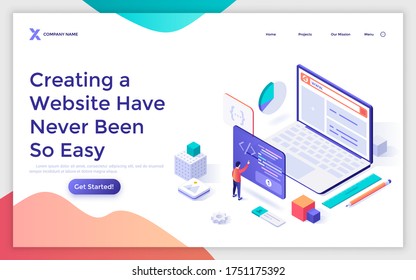 Landing page template with programmer or coder creating webpage on giant laptop computer. Concept of internet tool for web development, online website builder. Modern isometric vector illustration.