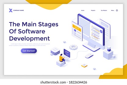 Lanzar plantilla de página con programador o codificador trabajando en el equipo. Concepto de las principales etapas de desarrollo de software, codificación front-end y back-end. Ilustración vectorial isométrica moderna para sitio web.