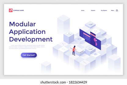 Landing page template with programmer or coder working on computer and organizing modules and blocks. Concept of modular programming or application development. Modern isometric vector illustration.