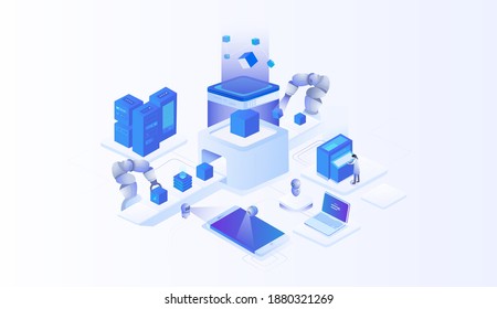Landing page template with programmer and robots. The concept of software tempting, applications for different devices. Isometric vector illustration.