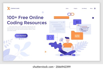 Landing page template with programmer sitting cross-legged and working on laptop computer. Concept of free online coding resources, software development courses. Flat vector illustration for website.